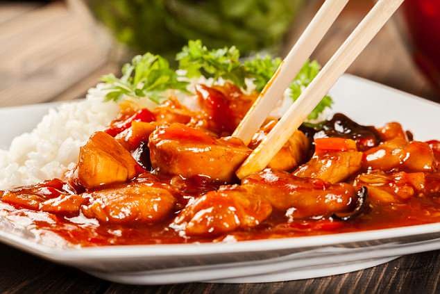 Chinese takeout food with chopsticks, potentially causing diarrhea due to MSG and high oil content
