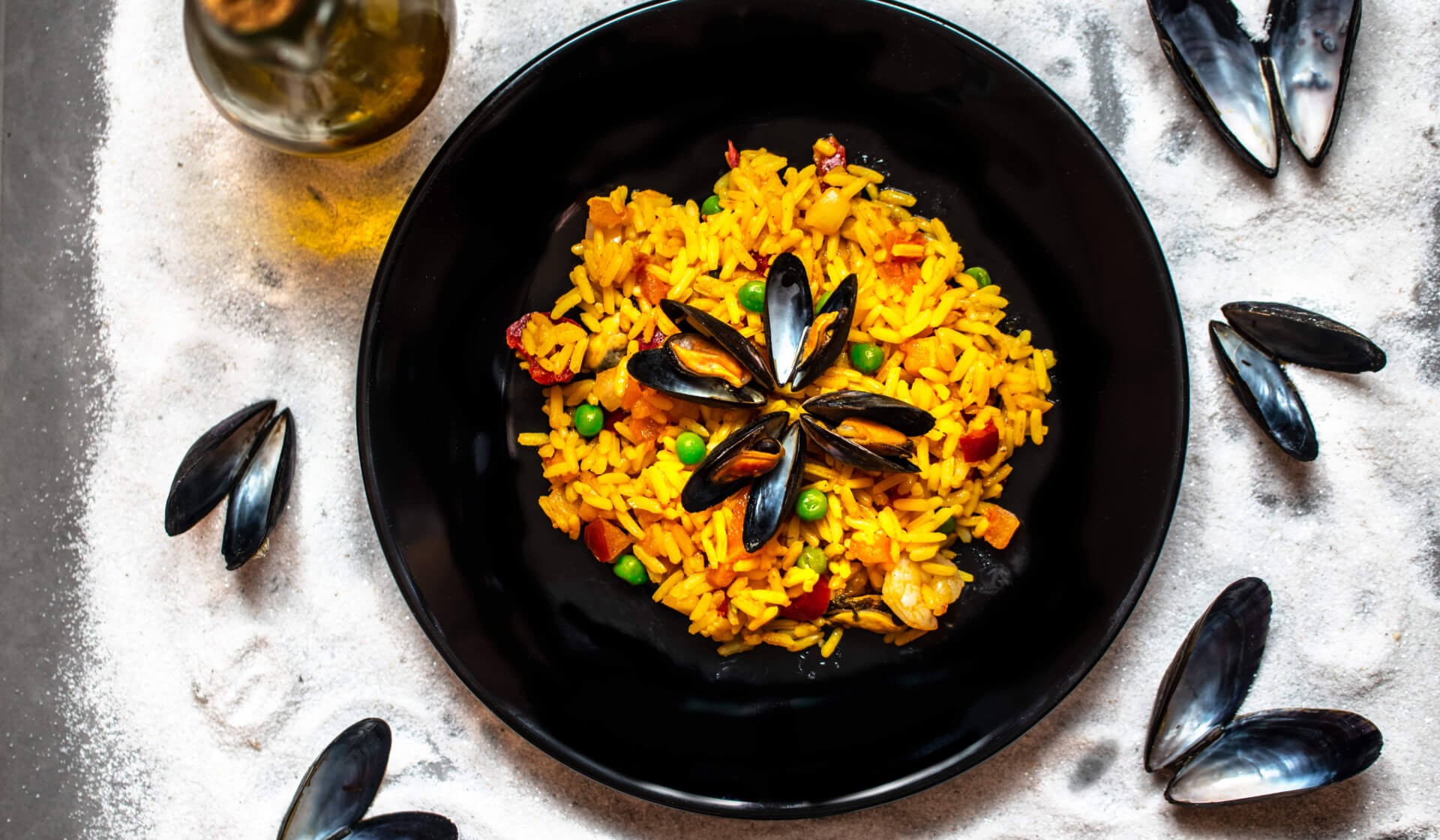Seafood paella with mussels and shrimp