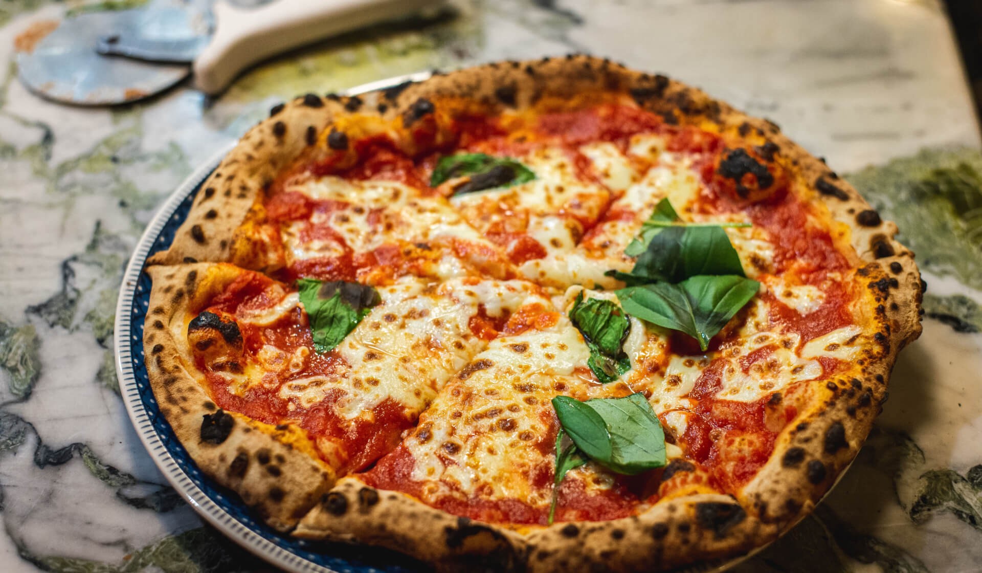 Neapolitan pizza with fresh basil and mozzarella