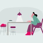 Woman experiencing nausea at the dinner table, potentially related to an eating disorder