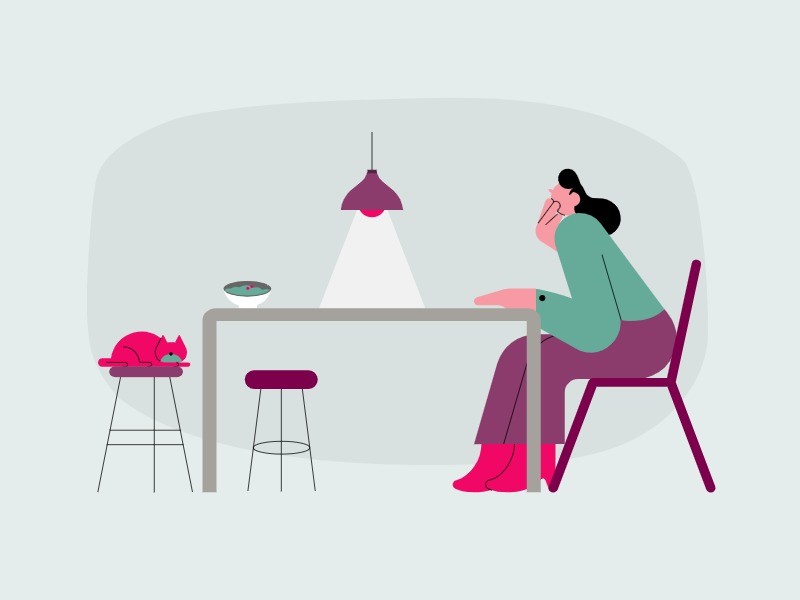 Woman experiencing nausea at the dinner table, potentially related to an eating disorder