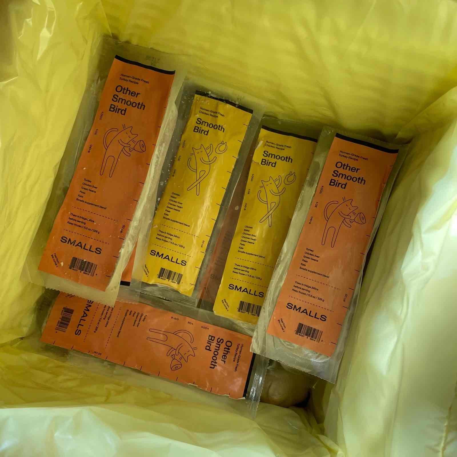 Smalls’ wet food is available in three tantalizing flavors: Fresh Bird (chicken), Fresh Other Bird (turkey with a bit of chicken liver), and Fresh Cow (mostly lean ground beef with a hint of cow liver and heart).
