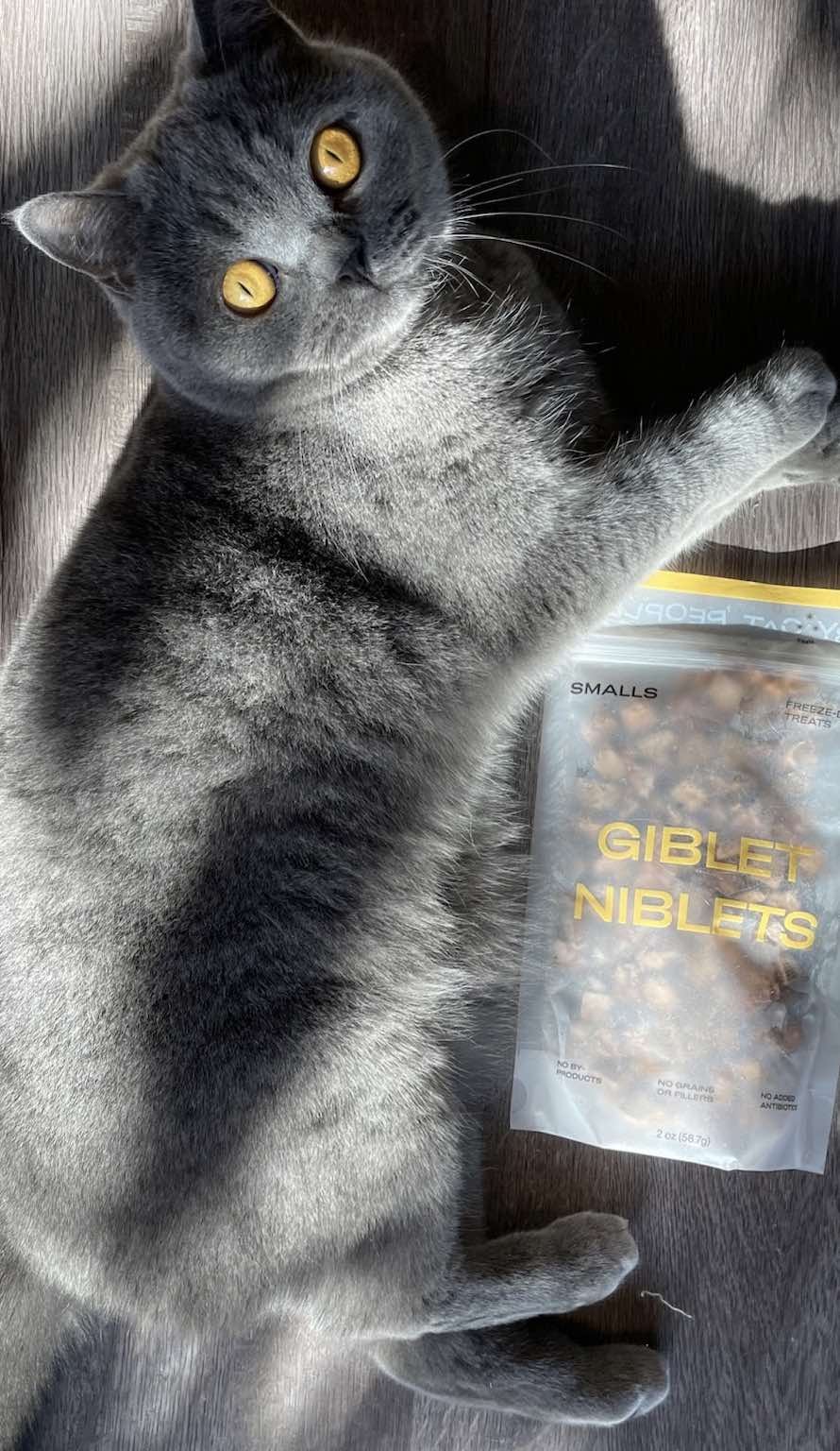 In addition to wet food, Smalls also makes freeze-dried raw food and treats like chicken broth and chicken giblets. Warning: Your cat will become obsessed with it all.