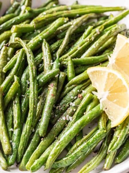 Air Fryer Green Beans served as a side dish with spaghetti