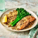 Air-fryer salmon served with greens and grains