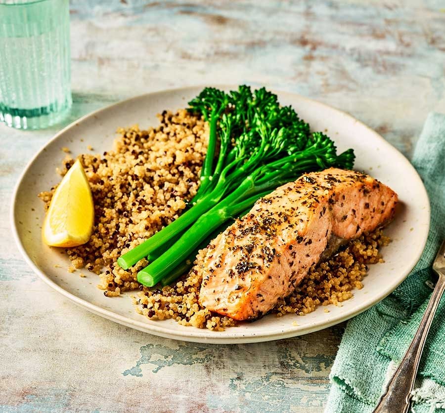 Air-fryer salmon served with greens and grains