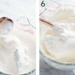 Close-up of angel food cake batter being mixed, showing its light and airy texture.