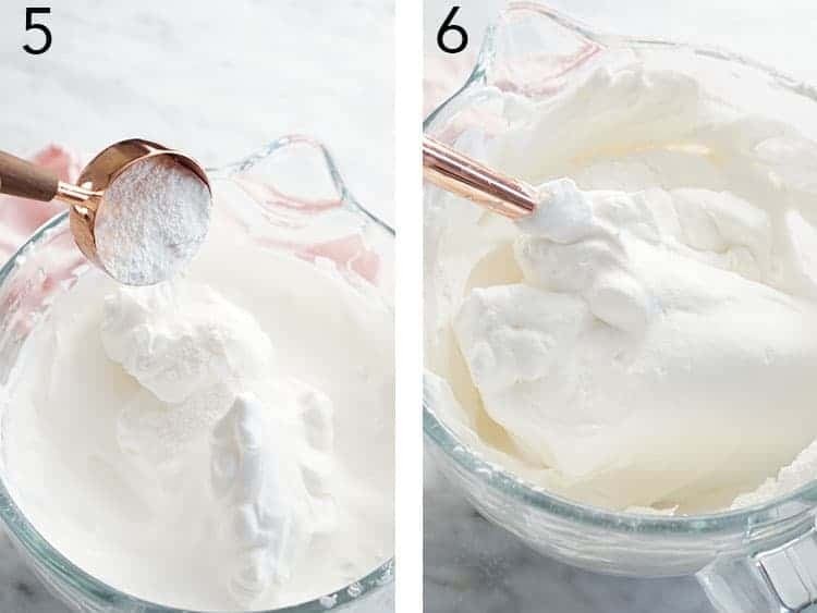 Close-up of angel food cake batter being mixed, showing its light and airy texture.