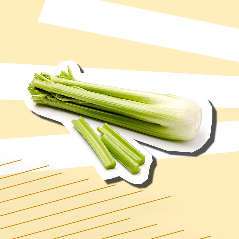 A close-up shot of fresh celery stalks, emphasizing their crisp texture and vibrant green color, suggesting their health benefits and suitability for improving semen taste.