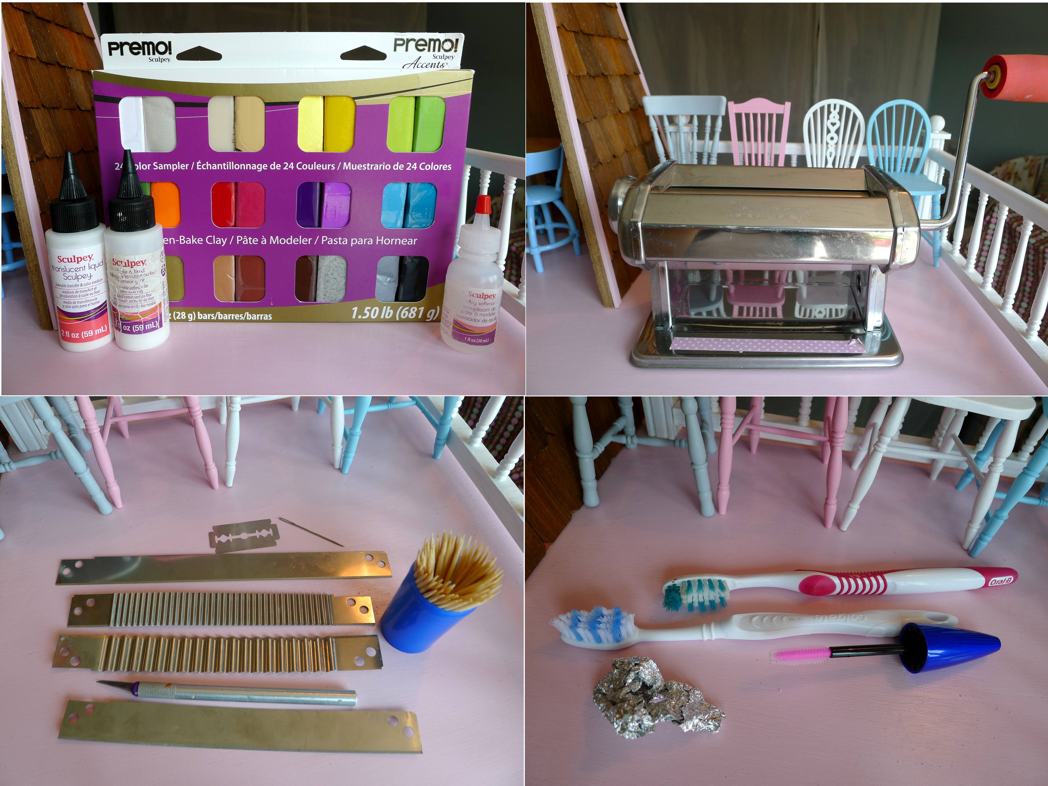 Basic tools for polymer clay miniature food making, including clay, blades, and a rolling pin