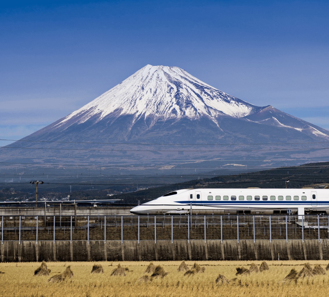 Shinkansen Passing Mount Fuji, Japan