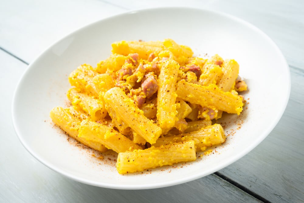Pasta alla Carbonara, a creamy and rich Roman classic made with guanciale, egg yolks, pecorino cheese, and black pepper