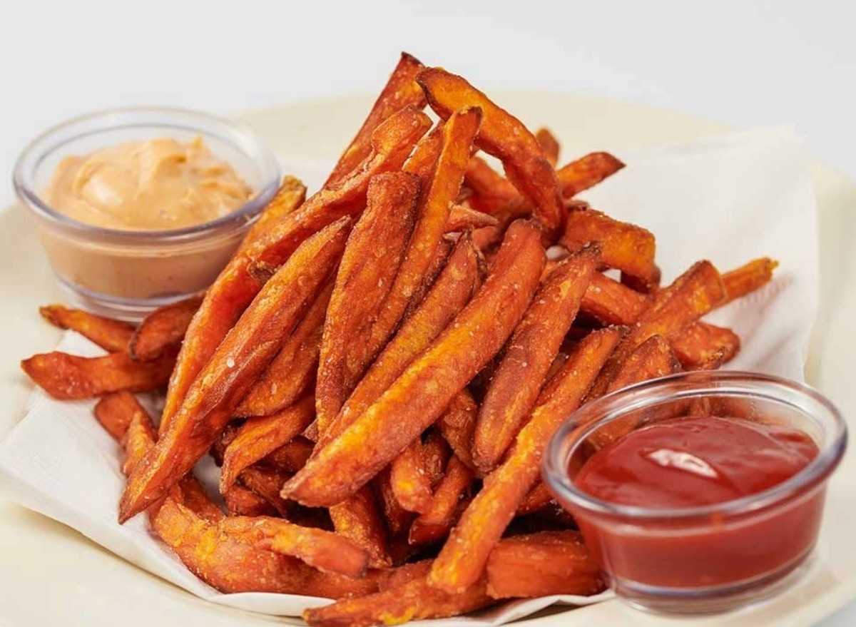 The Cheesecake Factory sweet potato fries served with an array of dipping sauces