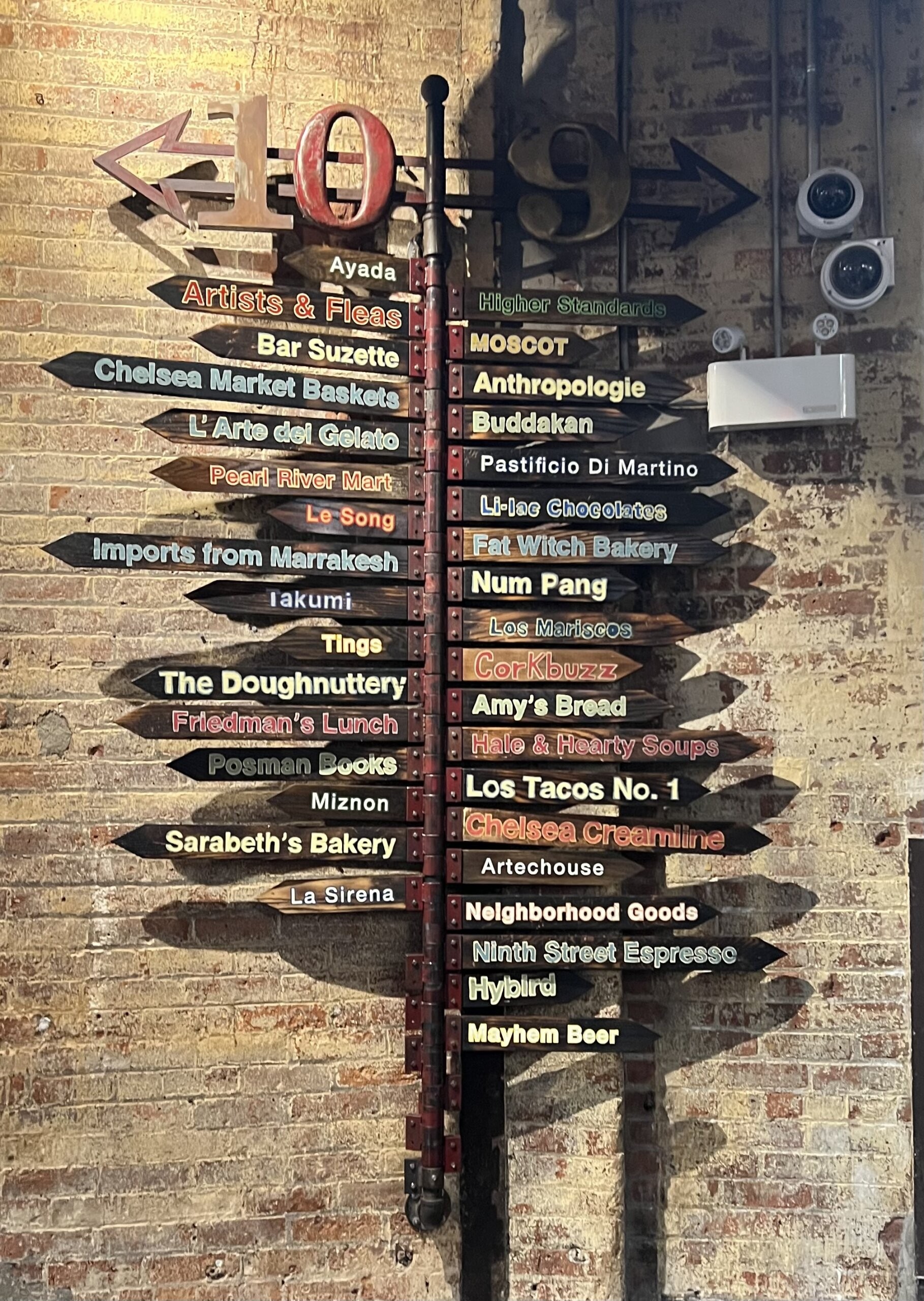 A bustling scene inside Chelsea Market, showcasing the diverse array of food vendors and the vibrant atmosphere.