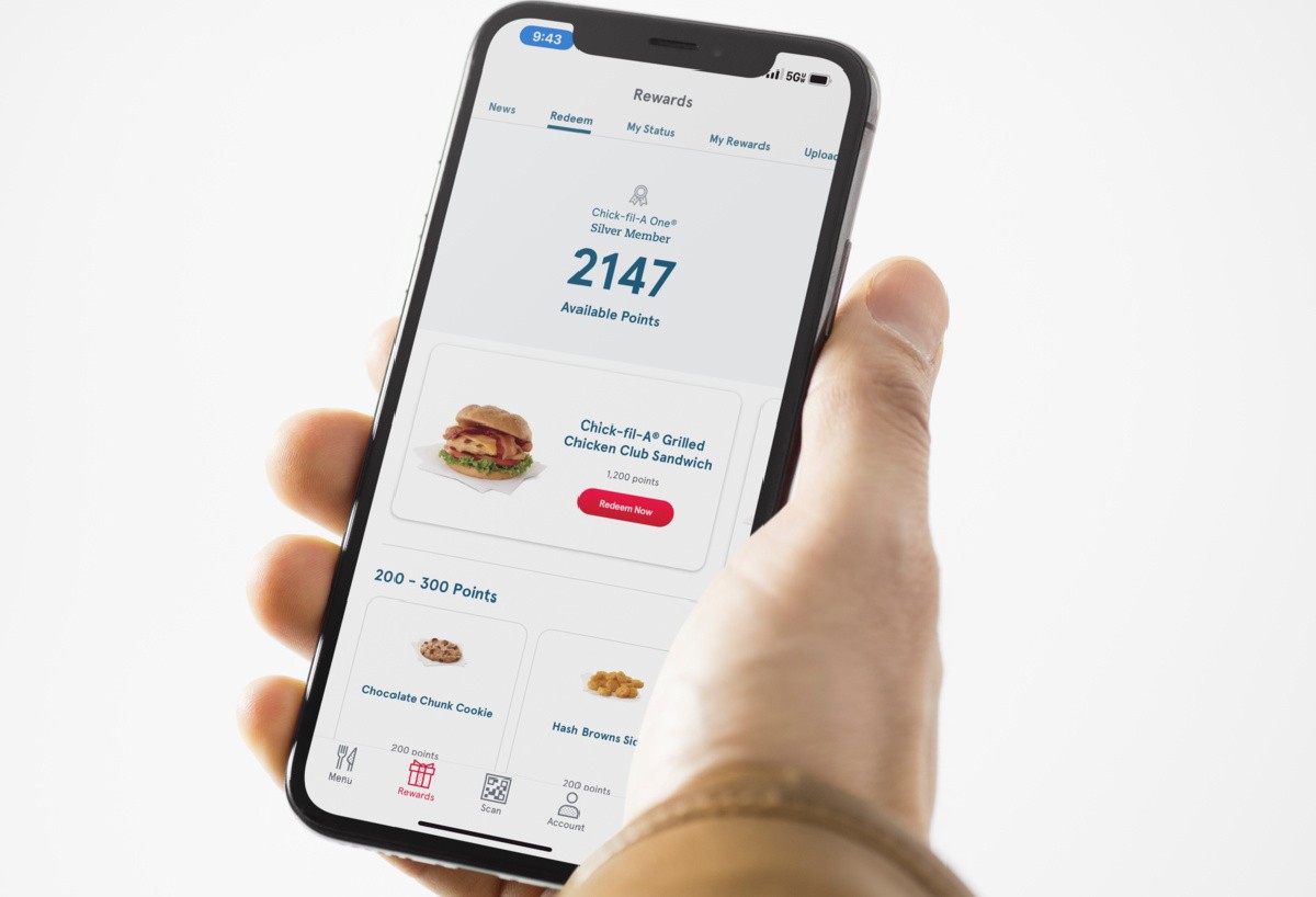 Chick-fil-A app interface with reward points displayed