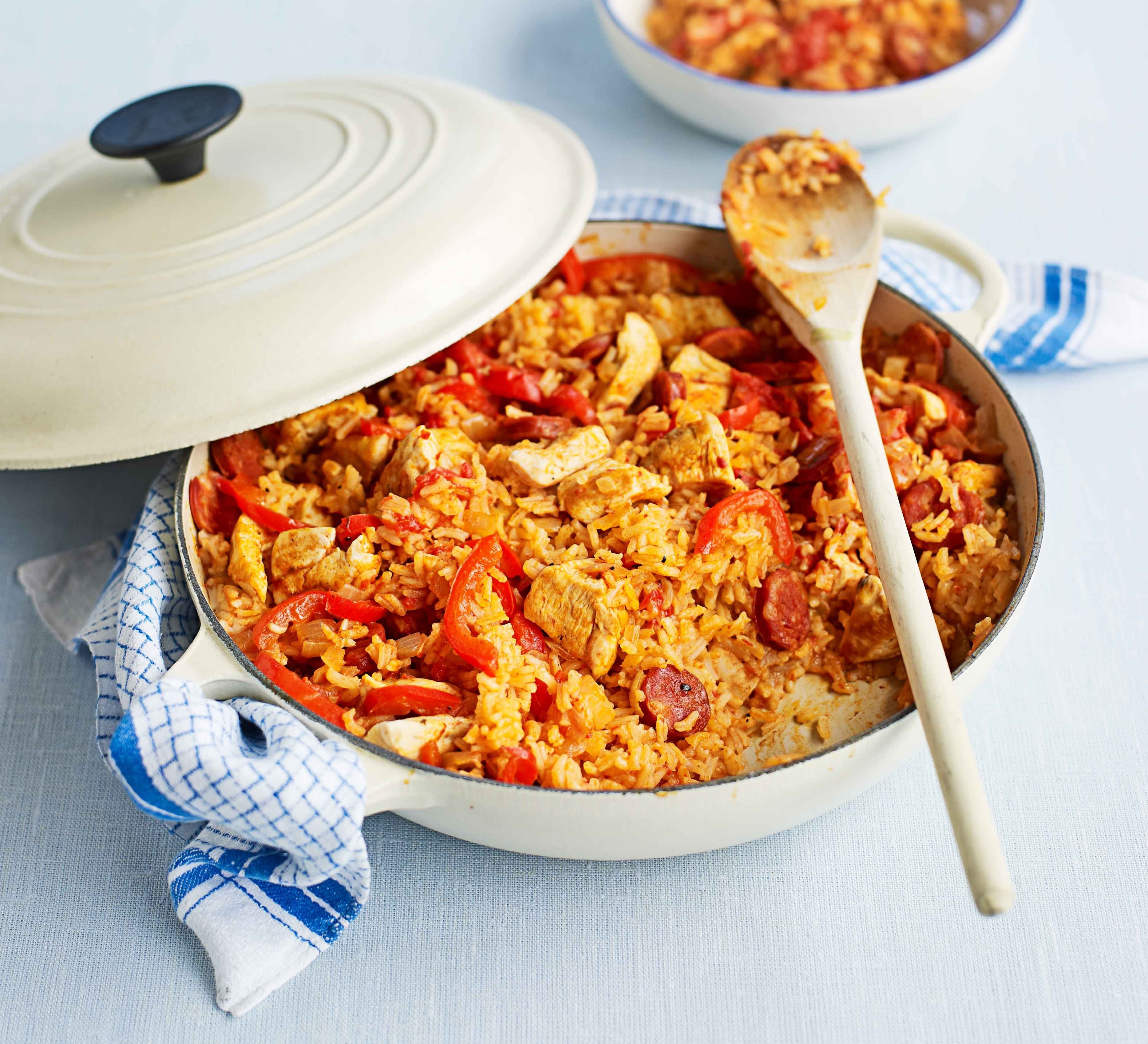 Chicken and chorizo jambalaya in a pan