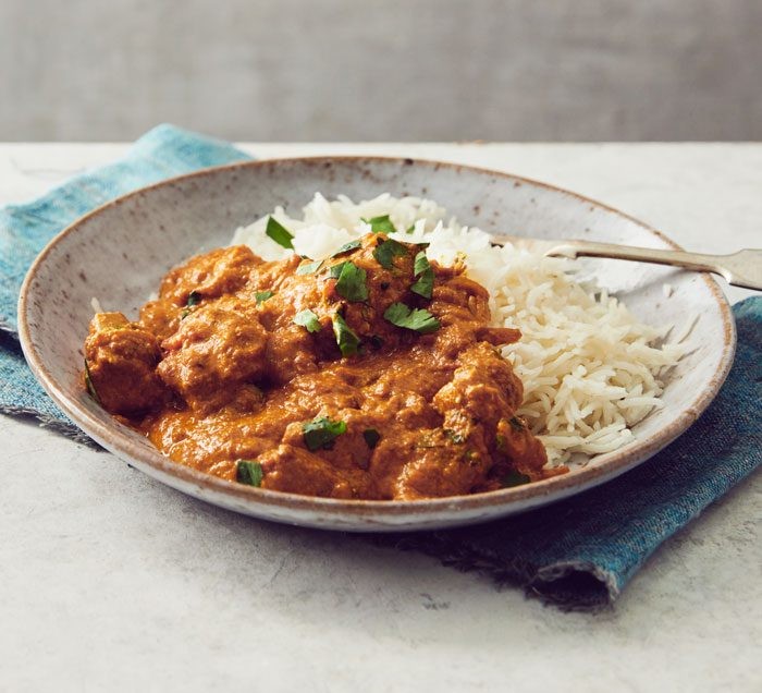 Bowl of chicken curry with rice
