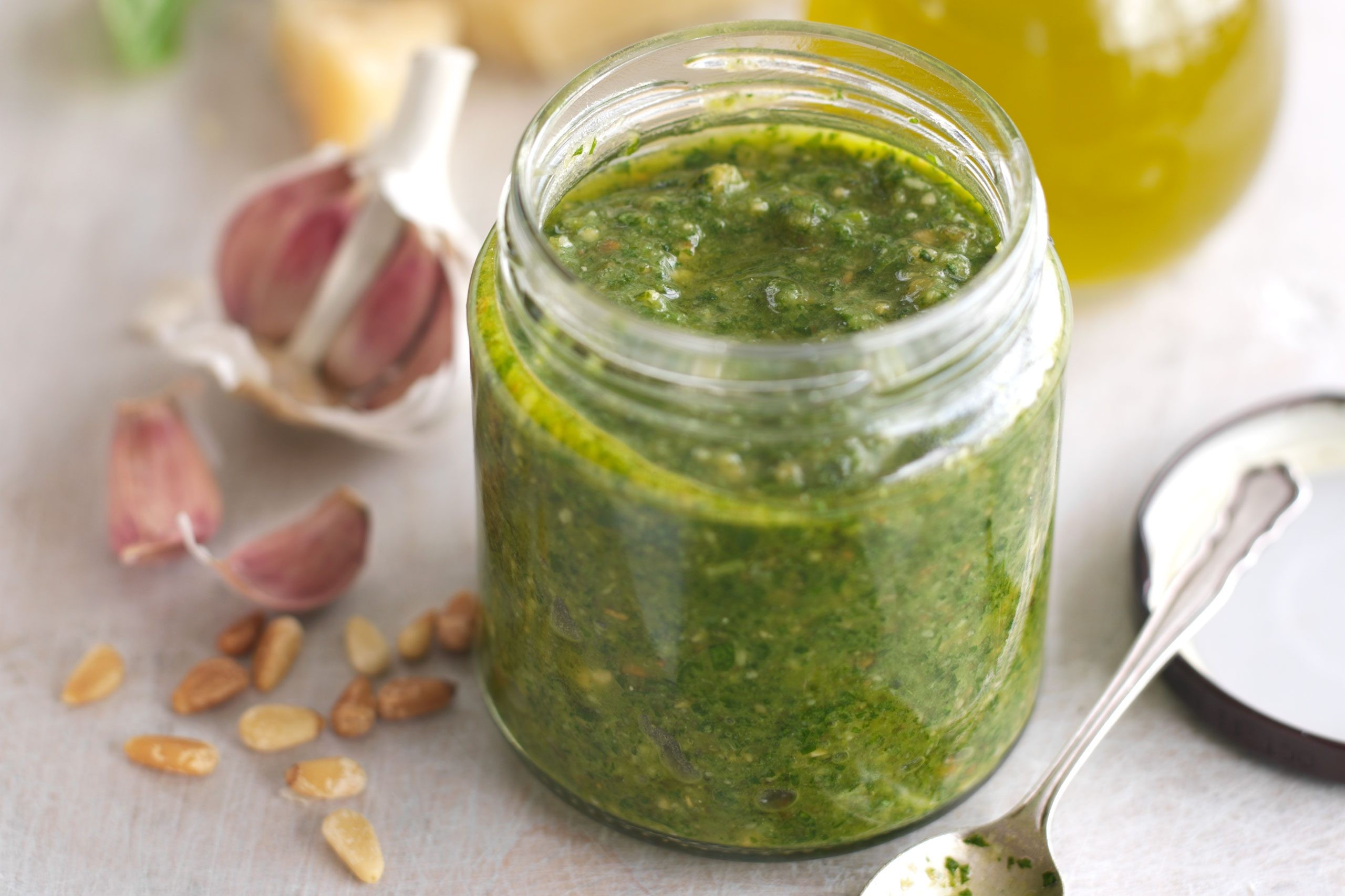 Homemade pesto in a jar.