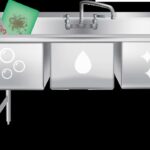 Food worker sanitizing kitchen utensils