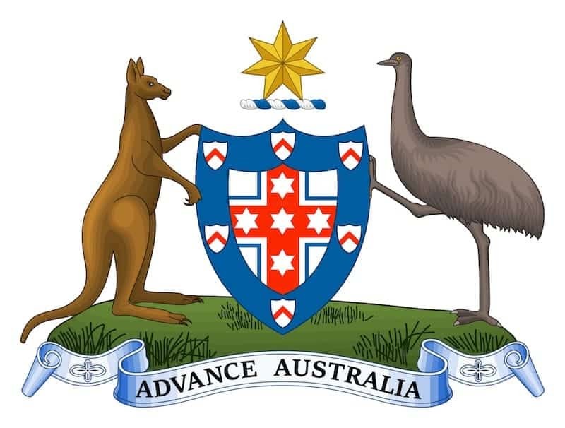 Australian coat of arms, featuring the emu and kangaroo, both of which are sometimes consumed as meat in Australia.
