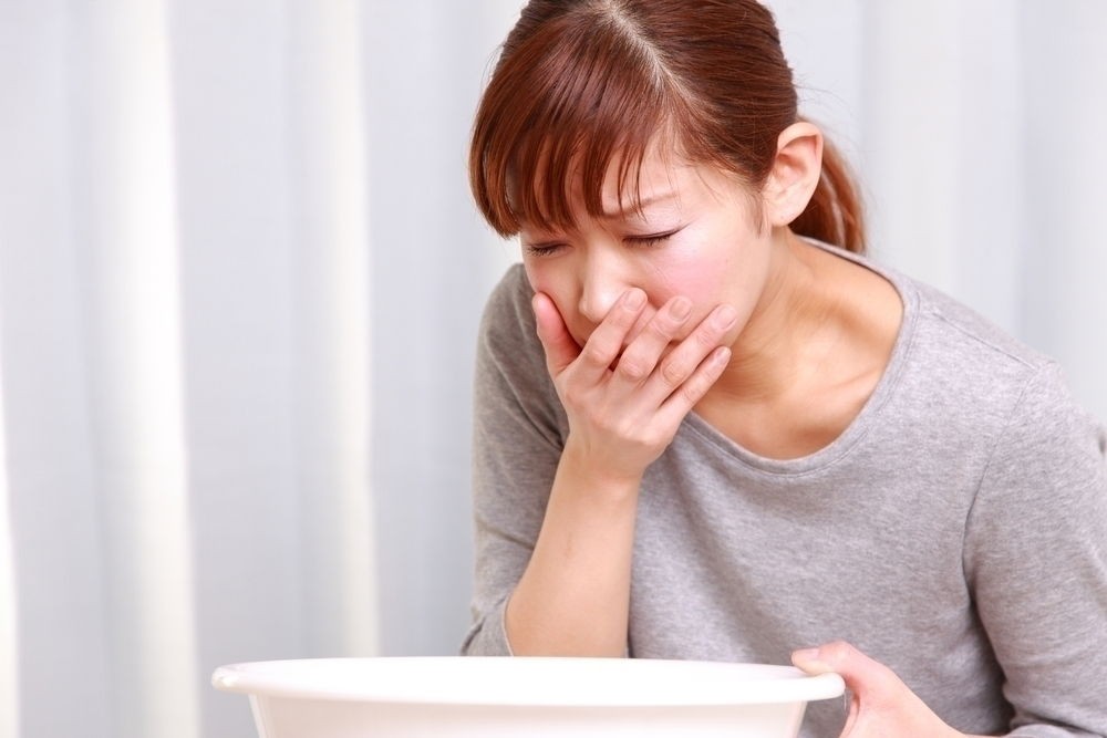 Hand reaching to throat to induce throwing up