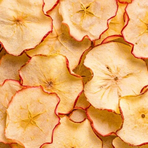 A plate of dehydrated apple slices, ideal as healthy and homemade pet treats, free from artificial additives and preservatives.
