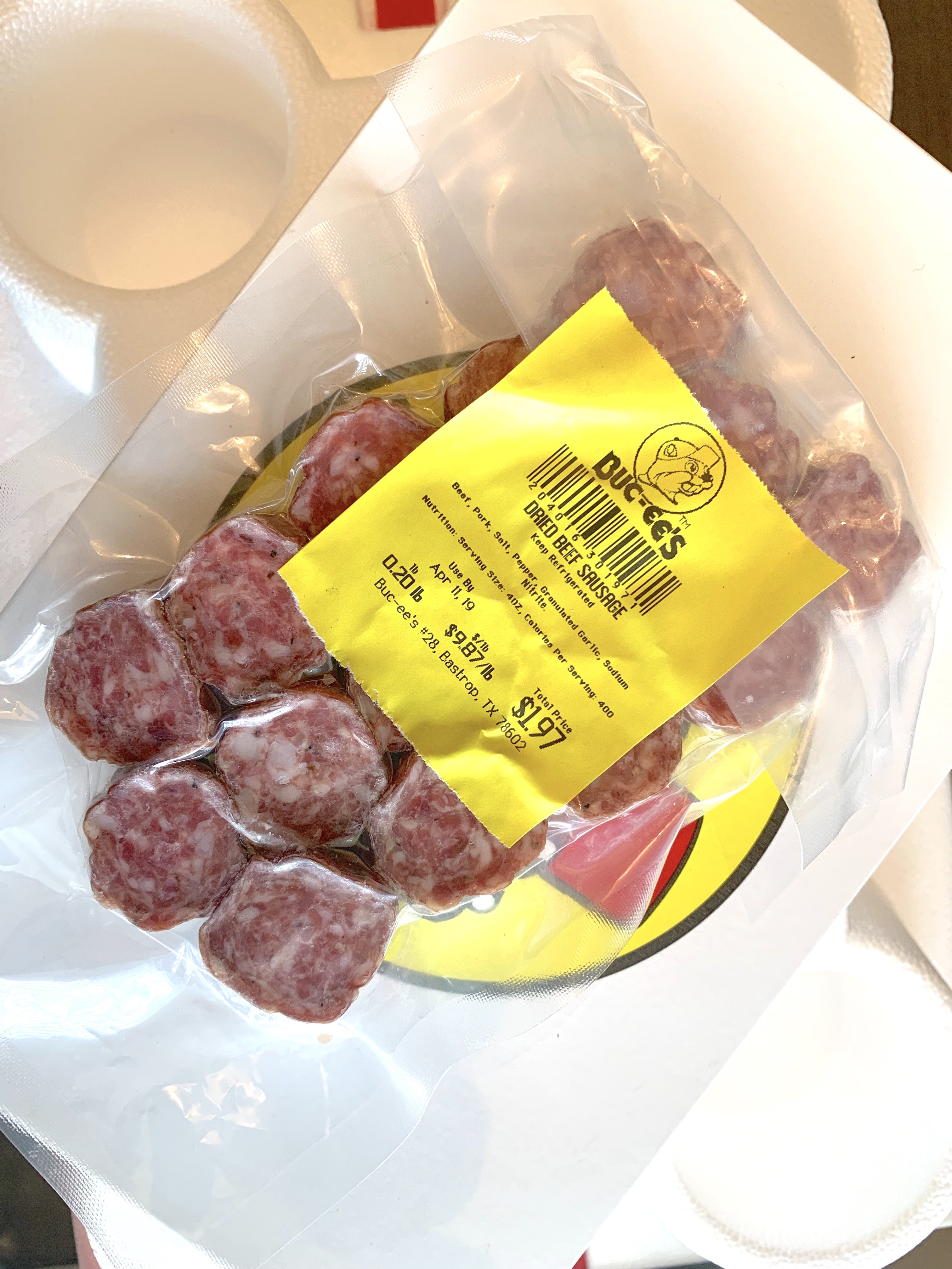 Dried beef sausage at Buc-ee's, a simple snack option that can be enhanced with condiments