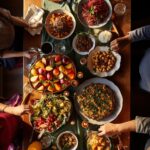 Friends Around A Potluck Table at a Friendsgiving