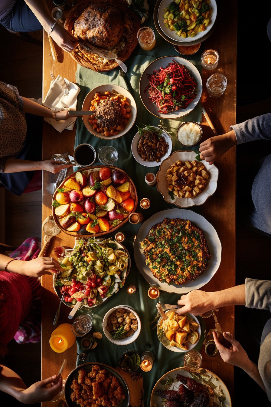 Friends Around A Potluck Table at a Friendsgiving