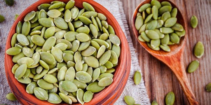 A variety of seeds, including pumpkin seeds, rich in Zinc