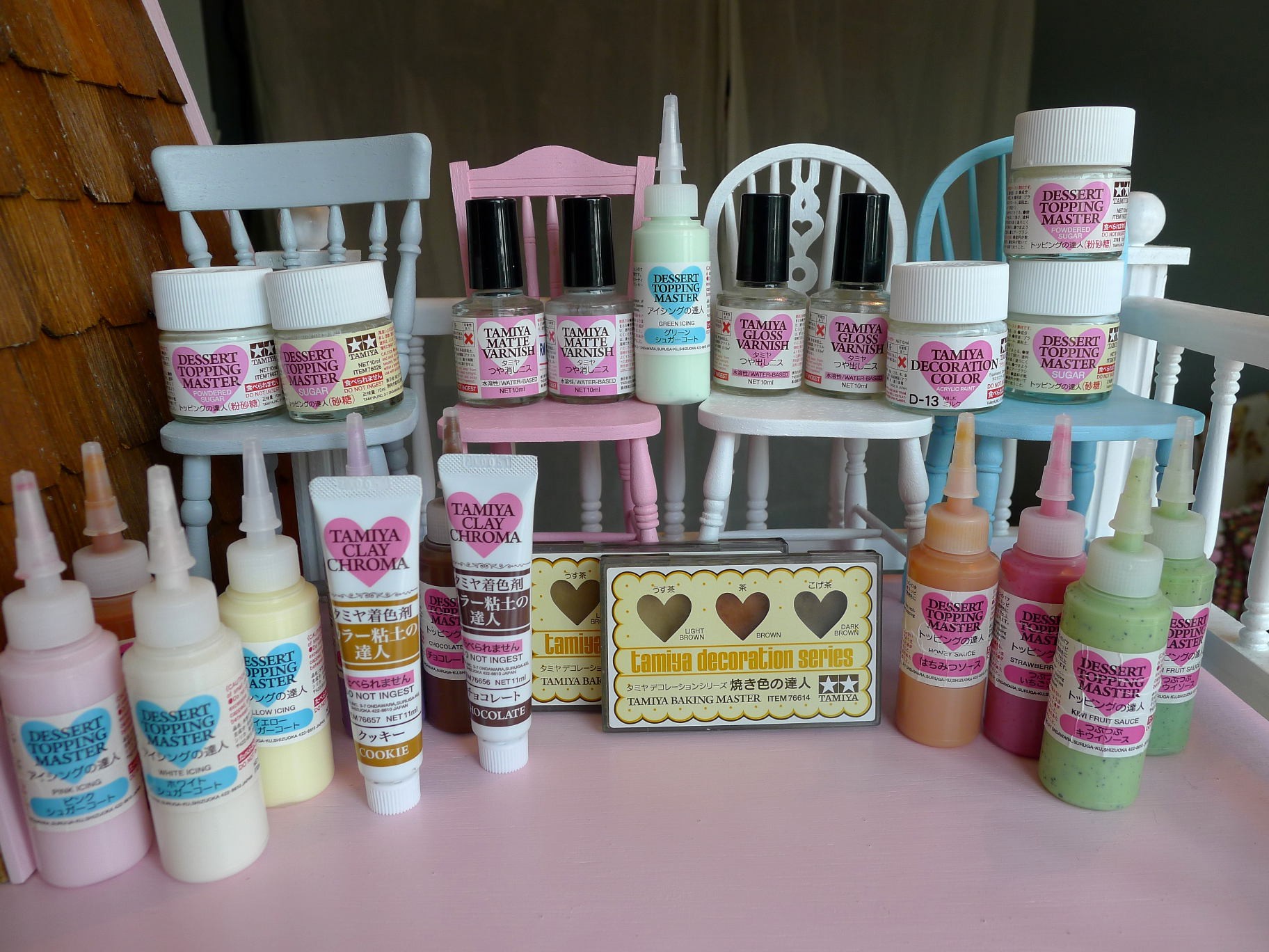 Finishing touches for polymer clay miniature food, including Tamiya Decoration Series tools and glazes