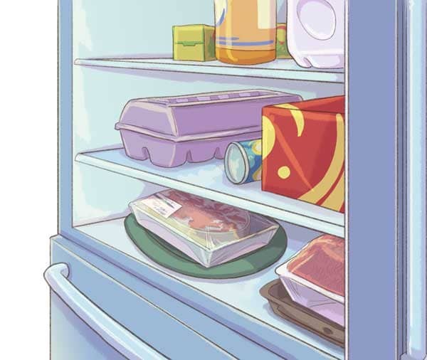 Frozen meat patties being safely thawed in a refrigerator to maintain food safety