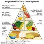 Original USDA Food Guide Pyramid, emphasizing grains and minimizing fats.
