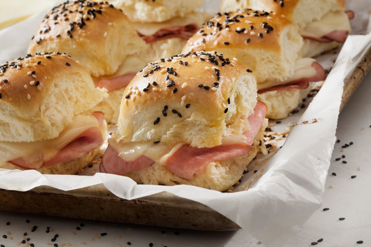 Baked Ham And Swiss Sliders on White Tray Buns