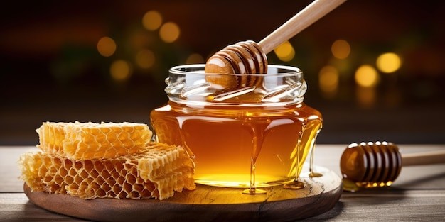 Golden honey dripping from a wooden dipper into a glass jar, showcasing its viscous texture and inviting sweetness