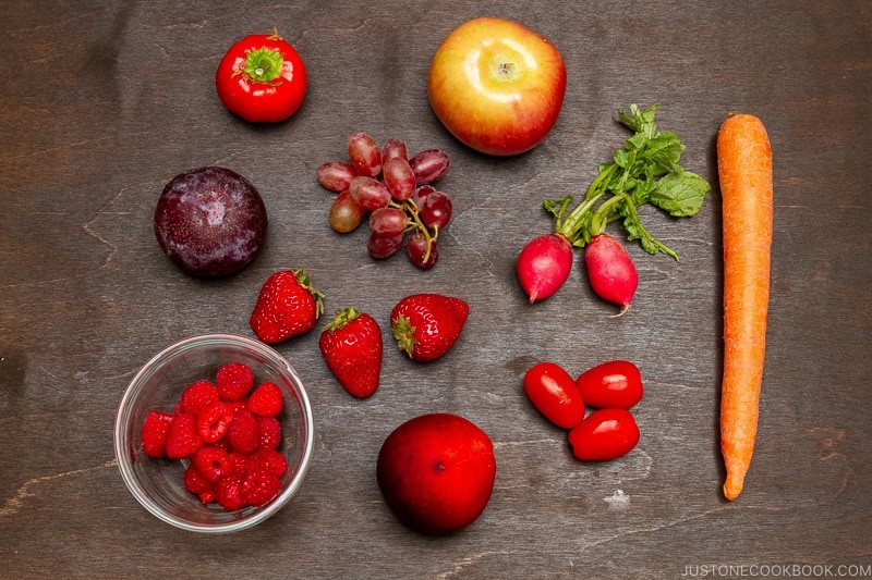 Assortment of red-colored foods perfect for adding vibrancy and nutrients to a bento box.