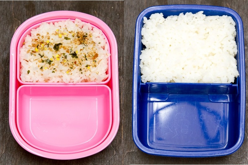 Step-by-step tutorial on how to assemble a bento box, starting with carbs.