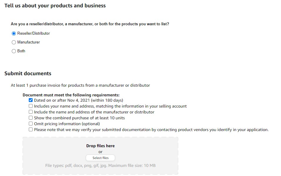 Amazon Seller Central dashboard for submitting food business details