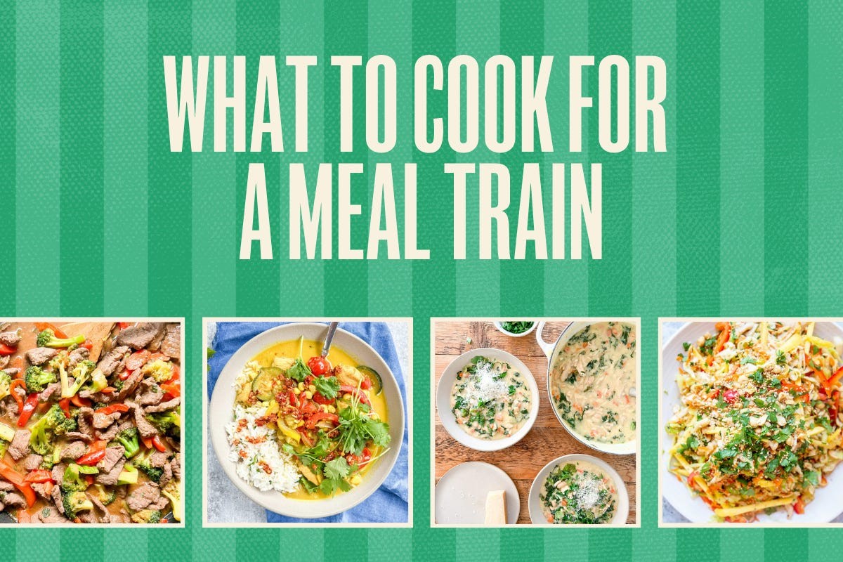 Assortment of home-cooked meals perfect for a food train, including lasagna, chili, and casseroles
