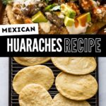 Huarache topped with various ingredients like meat, cheese, and salsa