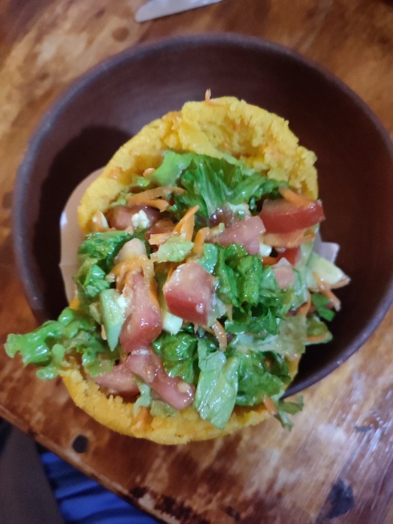Trying vegan Arepa with different fillings