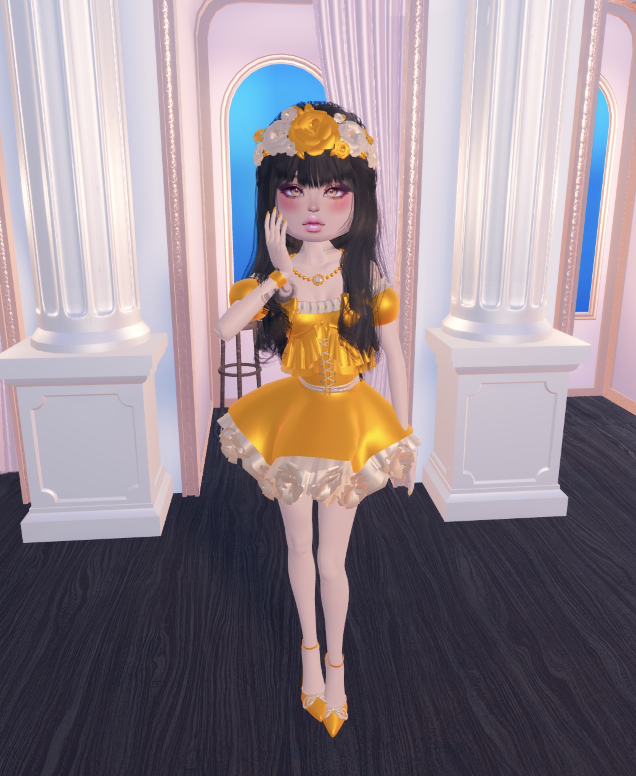Orange juice inspired outfit with a ruffled mini-dress, butterfly top, and orange accessories, capturing the bright and tangy essence of the drink