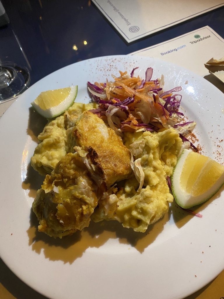 Corvina dinner (Ecuadorian fish) served at a restaurant