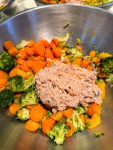 Prepared food in steel bowls for homemade dog food
