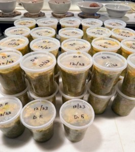 Plastic containers filled with dog food
