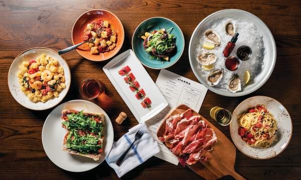 A delectable-looking table full of mouthwatering food at Jianna, an Italian restaurant in downtown Greenville, SC.