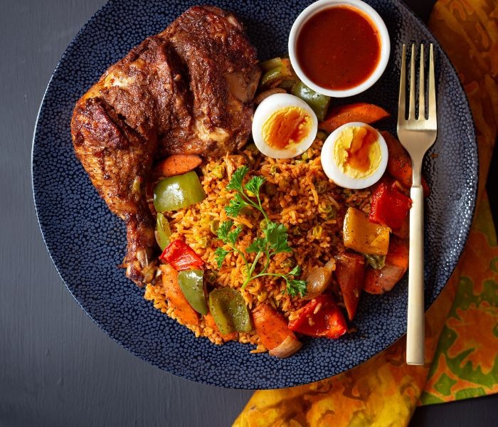 Ghanaian Jollof Rice with Chicken and Vegetables