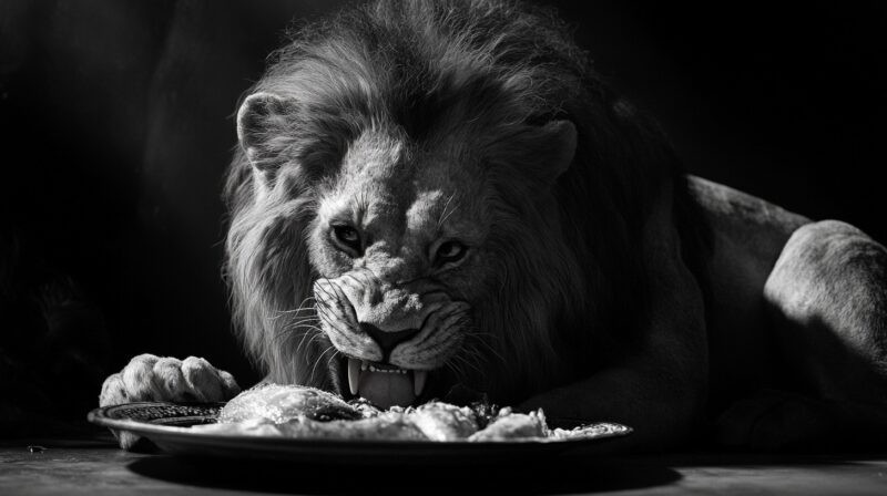 A lion eating meat from a plate showing its powerful gaze and sharp teeth