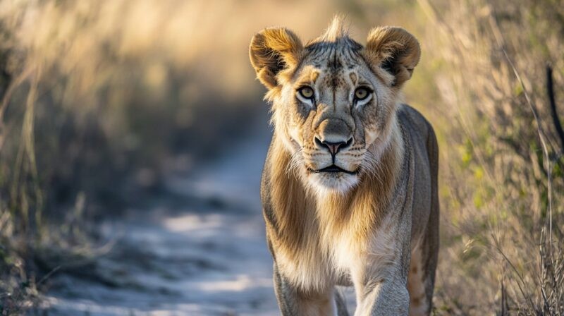 A lion looking intensely at the camera showcasing its powerful gaze and sharp features