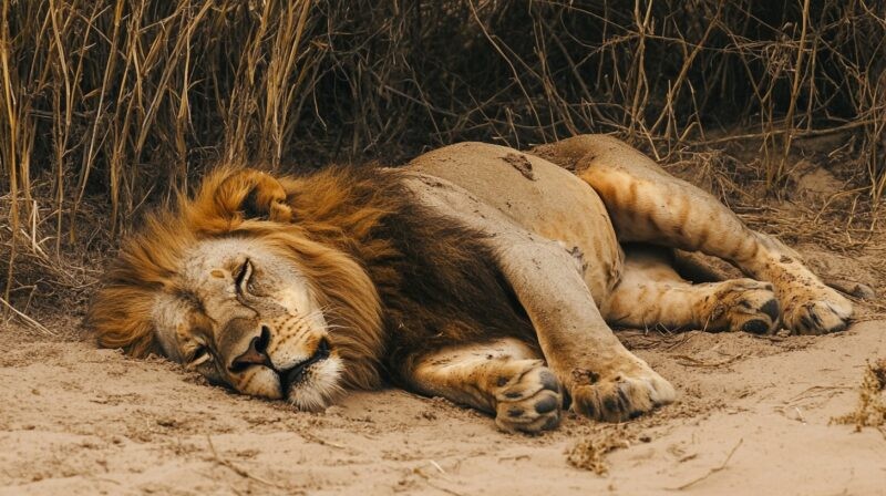 A majestic lion dozing on the savanna, showcasing its ability to conserve energy